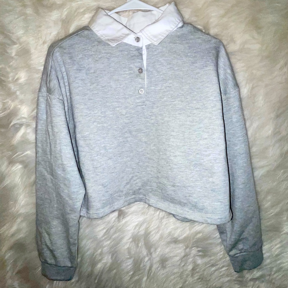White and Grey Collared Crop Sweater